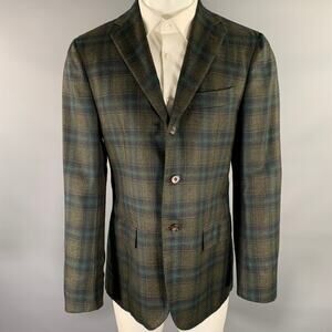 KITON Size 40 Green Charcoal Plaid Cashmere Notch Lapel Sport Coat